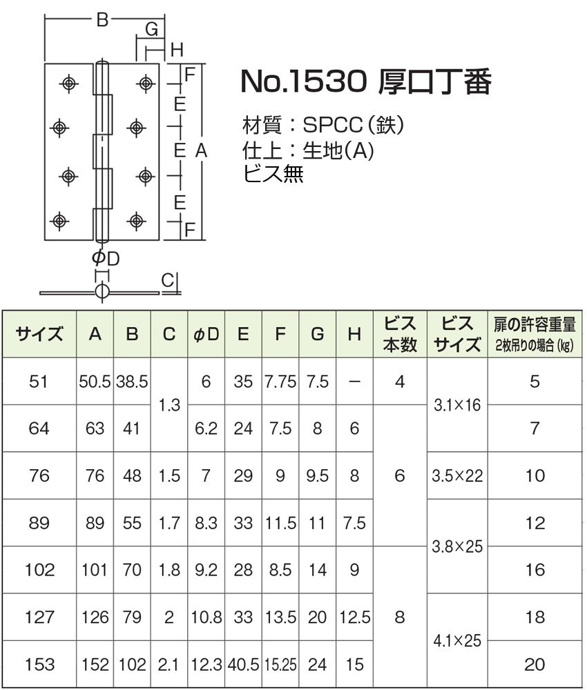 NO.1530 厚口丁番 鉄 (ビス無)