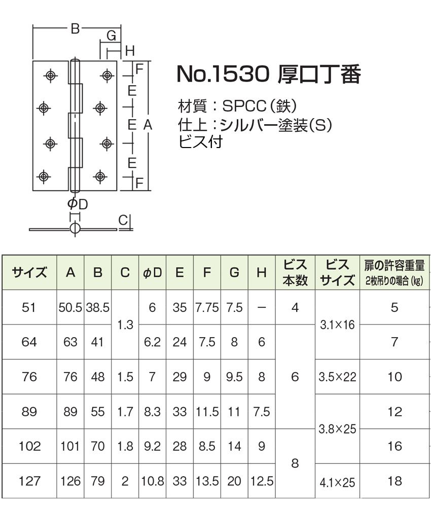 NO.1530 厚口丁番 シルバー (ビス付)