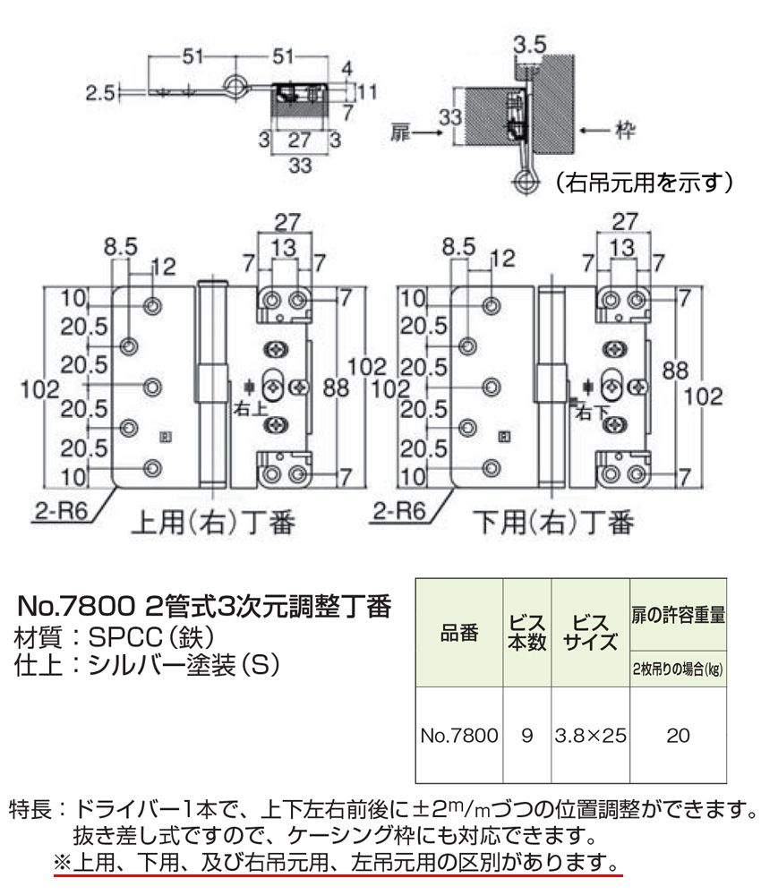 NO.7800 2管式3次元調整丁番 シルバー (右) (ビス付)