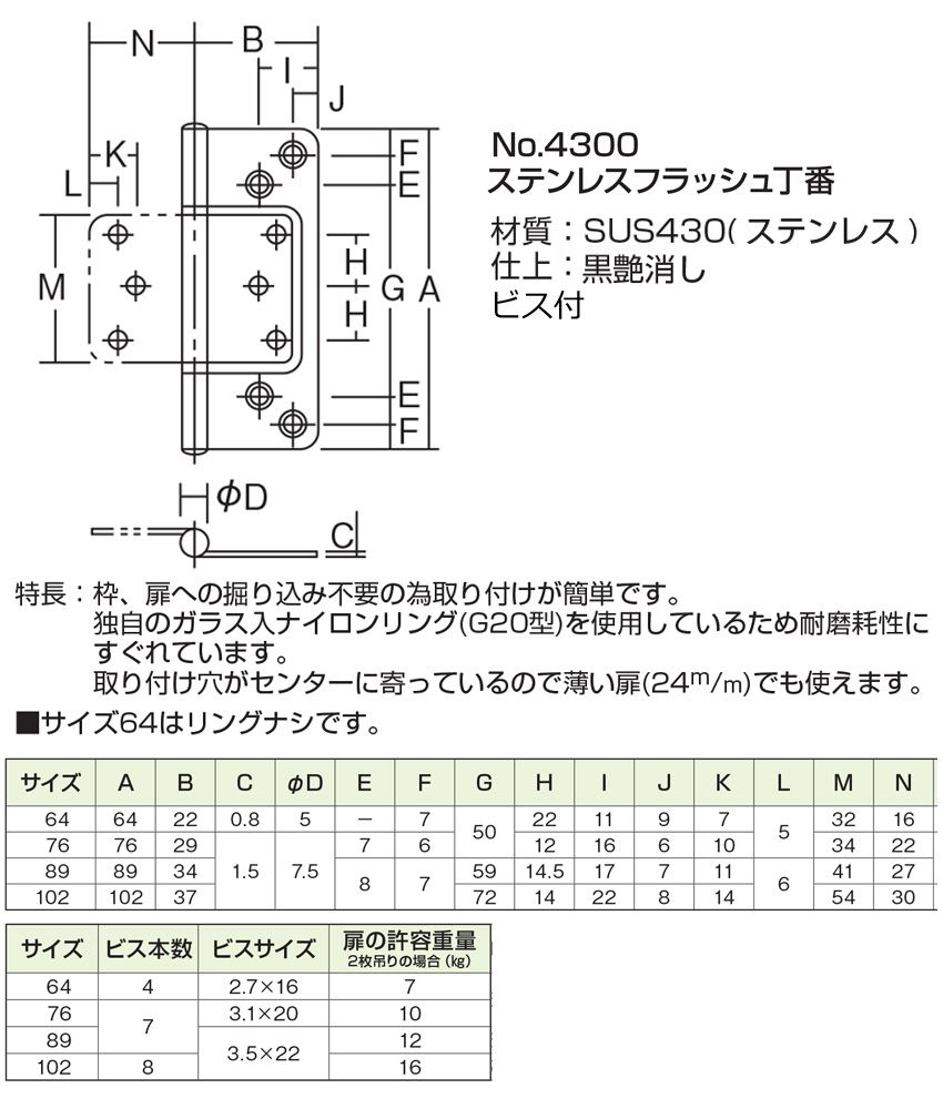 NO.4300 ステンレスフラッシュ丁番 黒艶消し (リング無・ビス付)