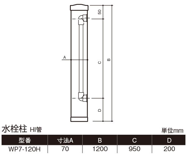 ステンレス製水栓柱(HI菅・70角) WP7-120H